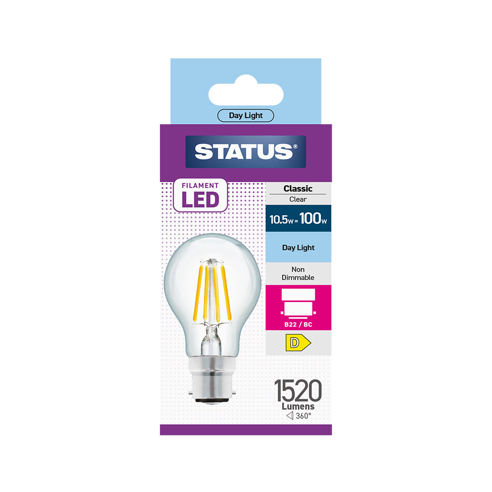 10.5w = 100w = 1520 lumens - Filament LED - A70 GLS - BC - Clear - Day Light - 1 pk box - in White CDU