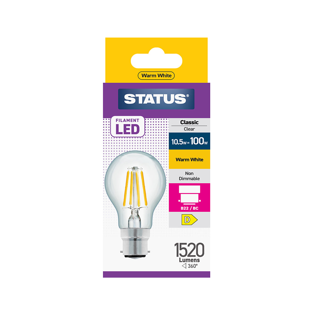 10.5w = 100w = 1521 lumens - Filament LED - A70 GLS - BC - Clear - Warm White - 1 pk box - in White CDU