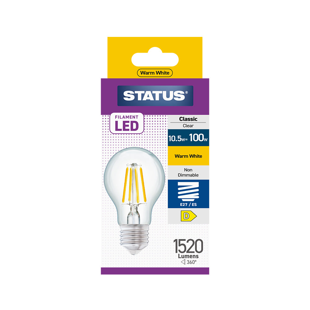 10.5w = 100w = 1521 lumens - Filament LED - A70 GLS - ES - Clear - Warm White - 1 pk box - in White CDU