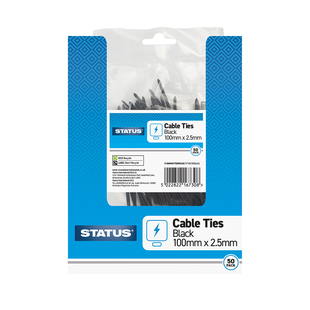 100mm - Black - Cable Ties - 50 pk - in Poly Bag - in Colour CDU