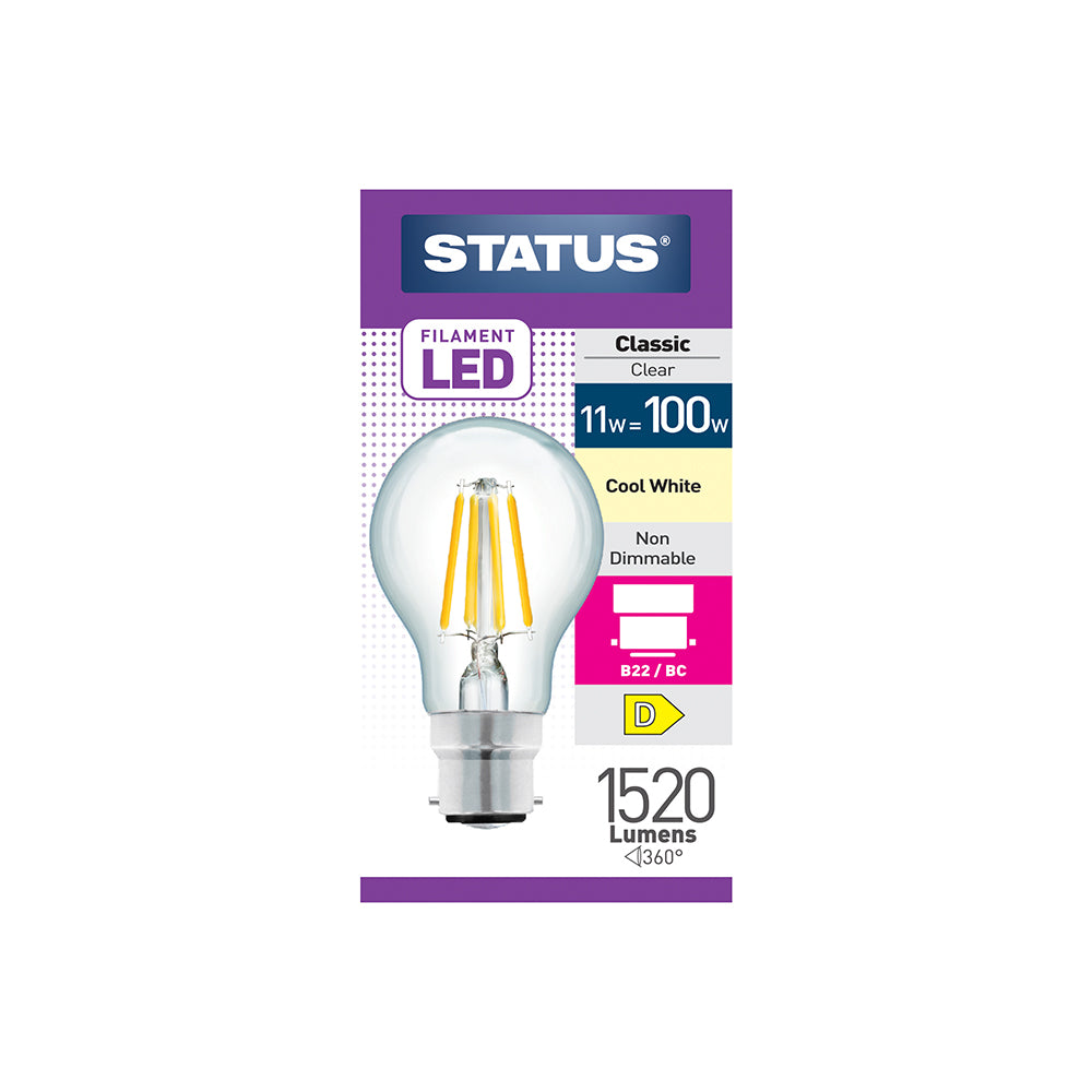 11w = 100w = 1521 lumens - Filament LED - A70 GLS - BC - Clear - Cool White - 1 pk box - in White CDU