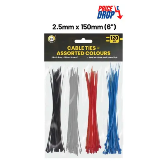 120Pk 150mm x 2.5mm Cable Ties - Assorted Colours