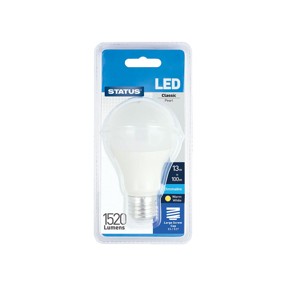13w = 100w = 1520 lumens - Dimmable LED - GLS - ES - PA - Pearl - Warm White - 1 pk in a Clam Shell - in White CDU