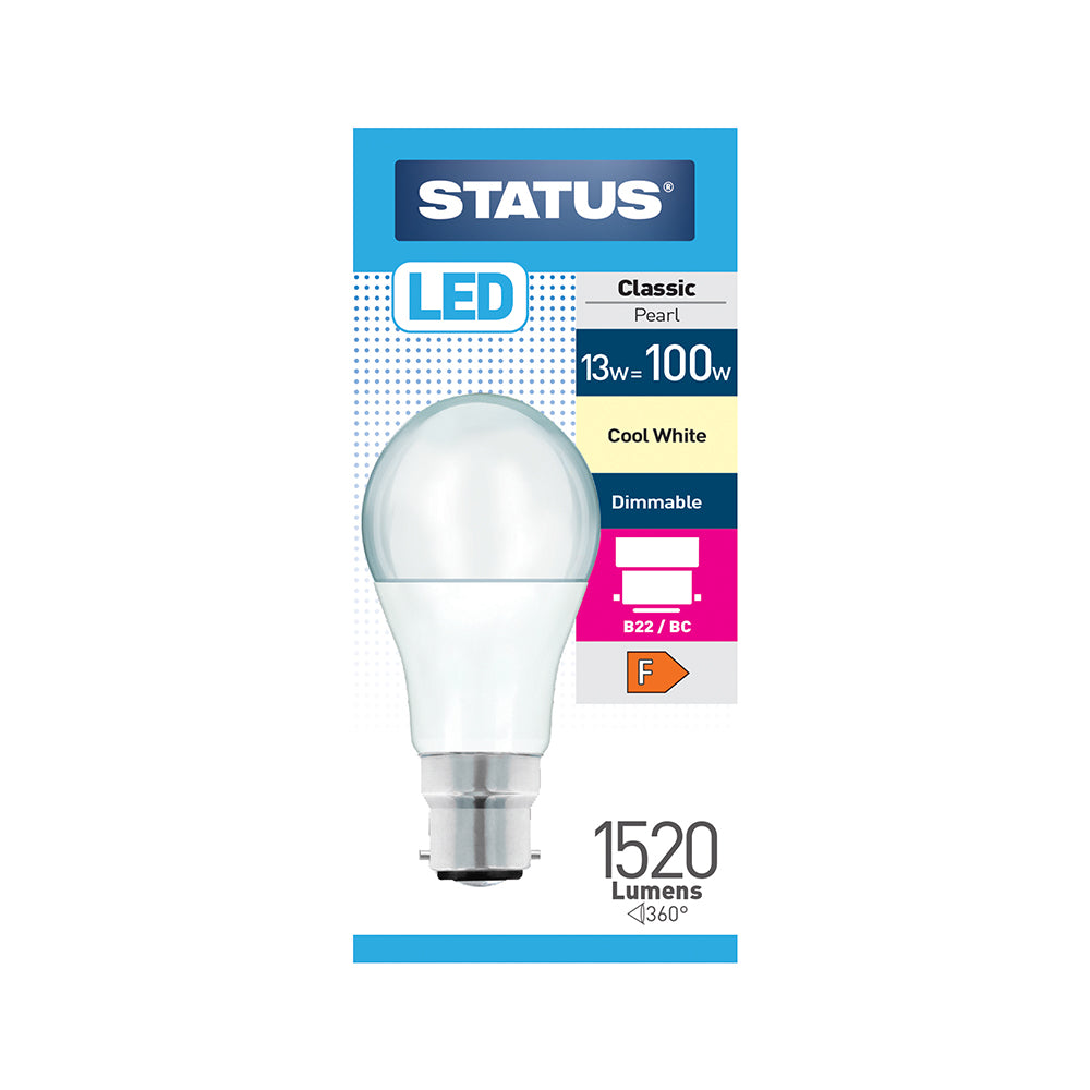 13w = 100w = 1521 lumens - Dimmable LED - GLS - B22 - PA - Pearl - Cool White - 1 pk box - in White CDU
