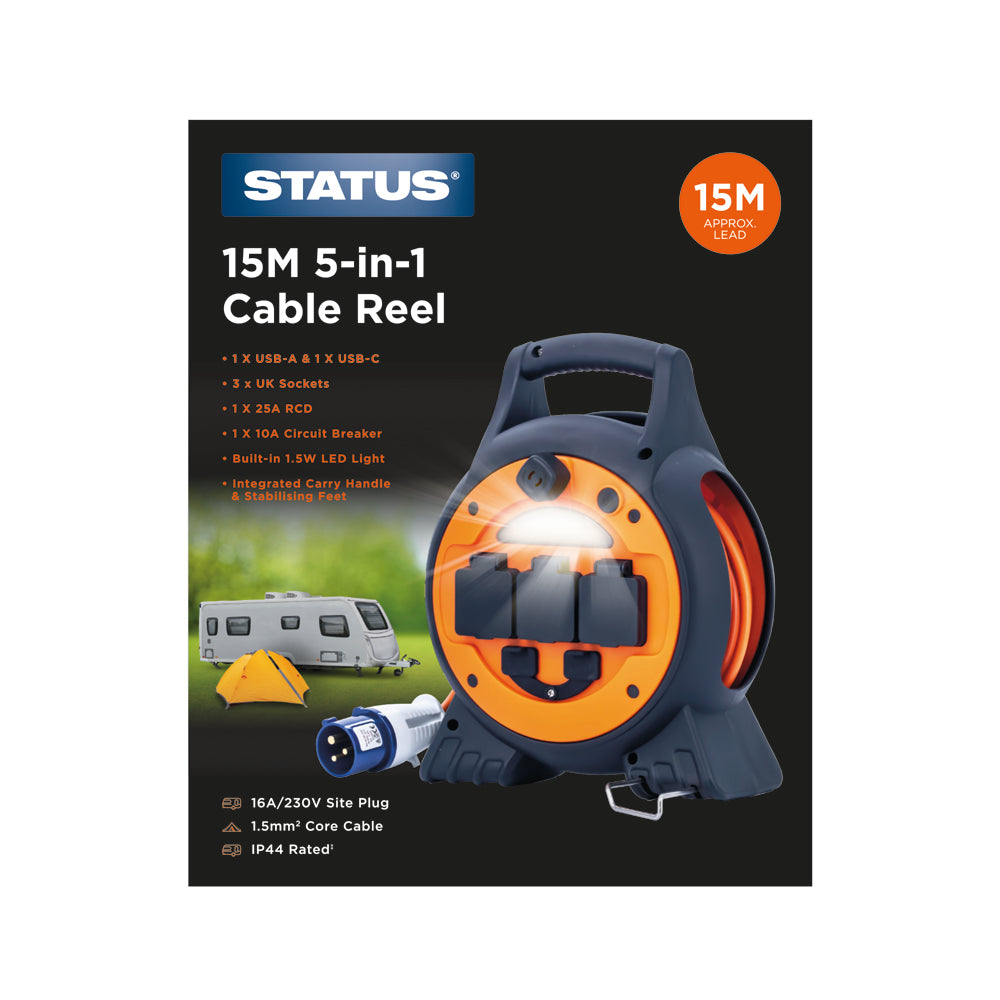 15M - 1.5mm - 16 Amp - 5 in 1 - Caravan and Camping Mains Site Cable Reel - LED Light - 3 x UK BS Sockets -1 x USB A - 1 x USB C - integrated carry handle and stabilising feet - 25 Amp RCD - 10 Amp Circuit Breaker - 230v - IP 44 - 1pk Box