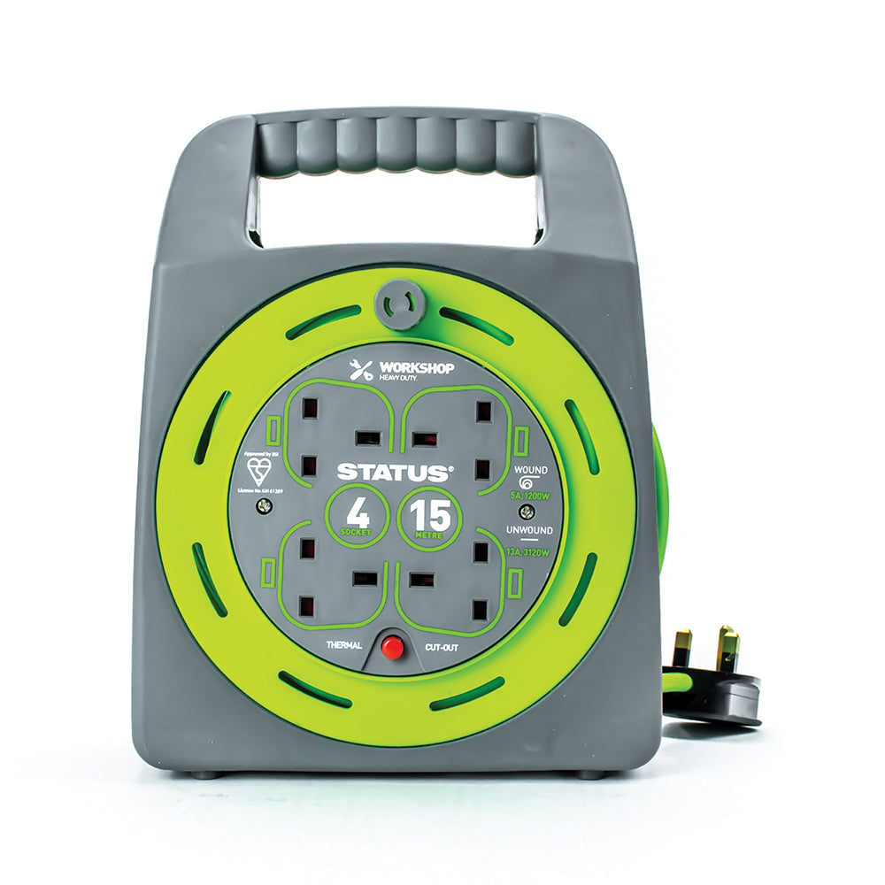 15 Mtr - 13 amp - "Hand Bag" - 4 Socket Outlet with Thermal Cut Out - Green - Cable Reel - 1 pk