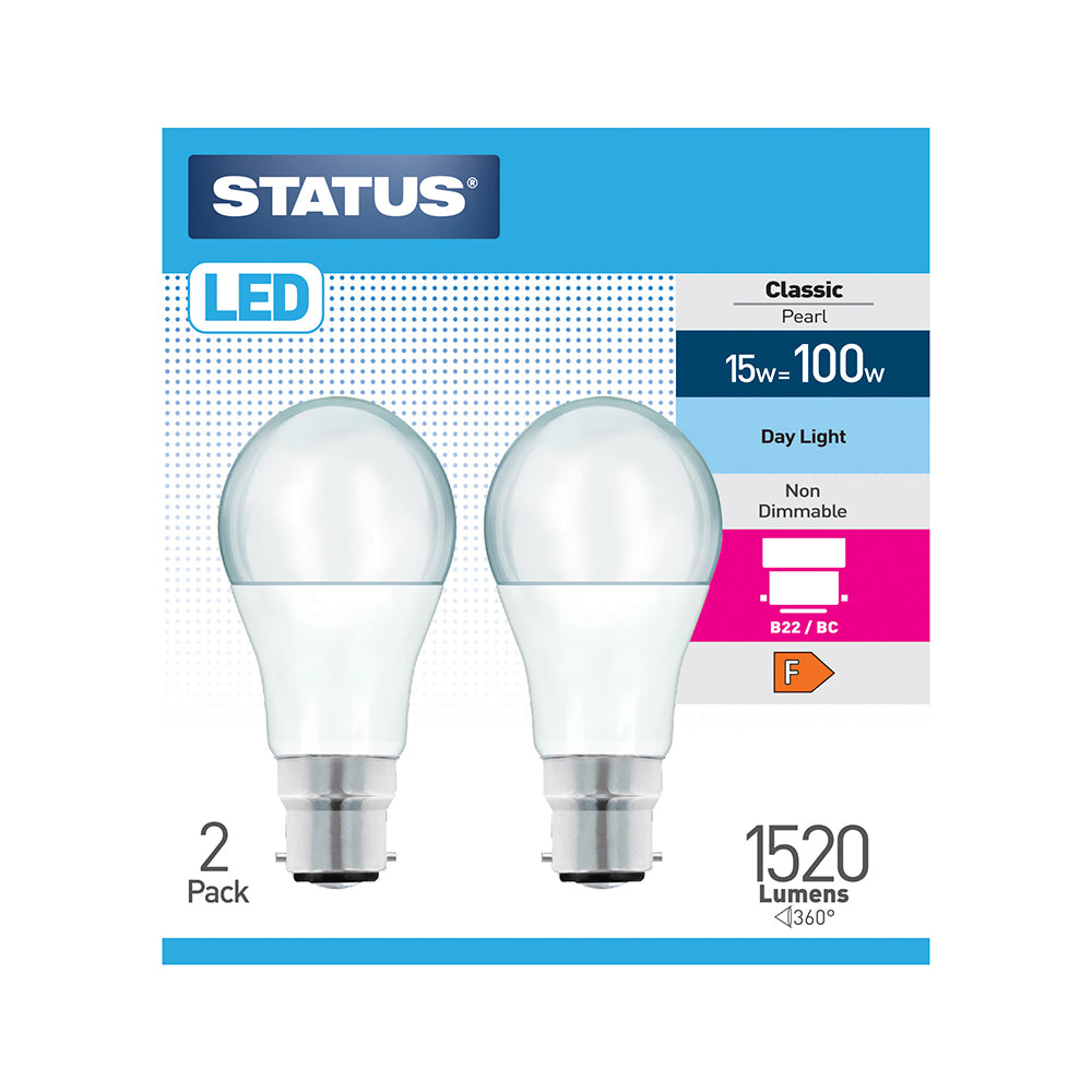 15w = 100w = 1520 lumens - LED - A60 GLS - B22 - PA - Pearl - Day Light - 2 pk box - in White CDU