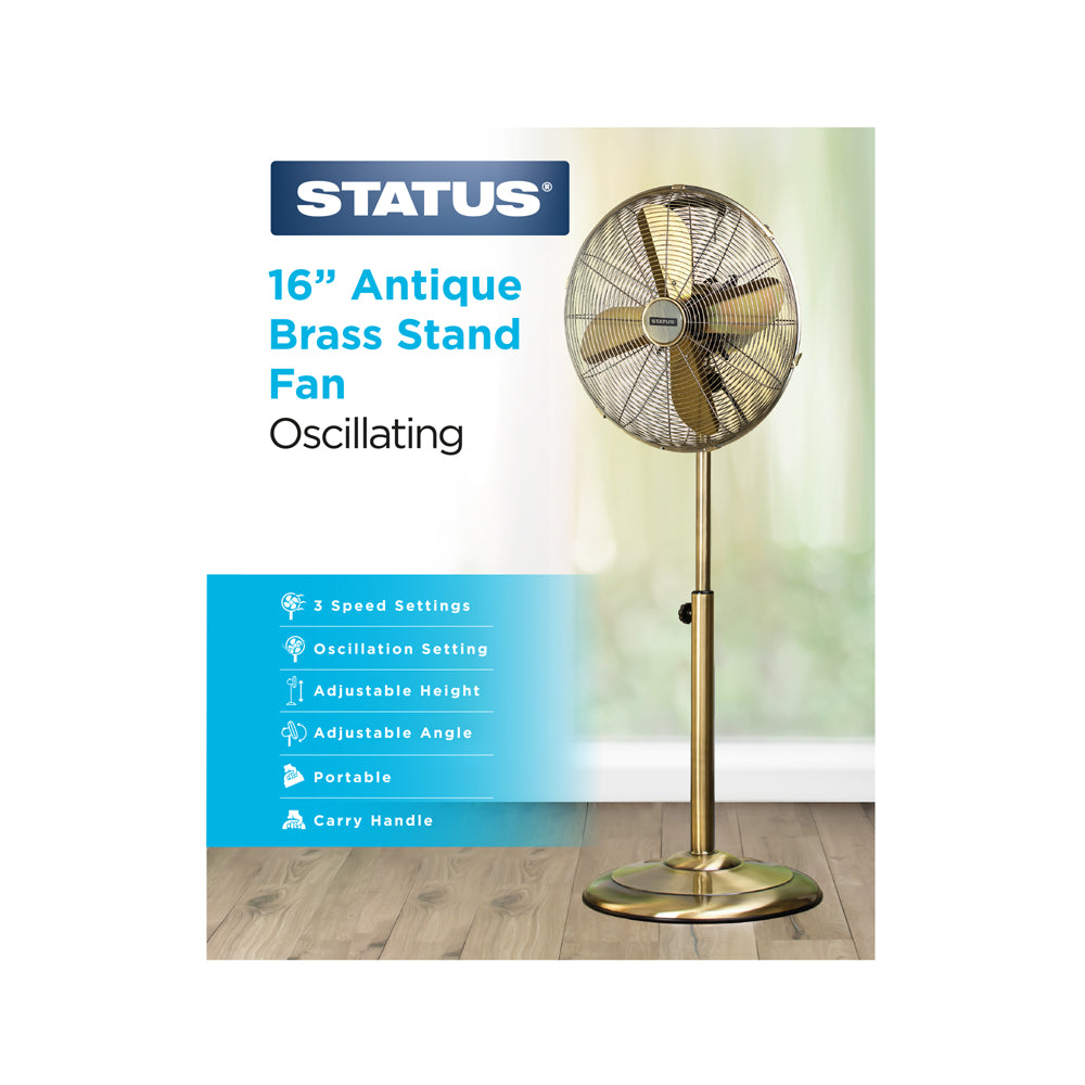 16" Antique Brass Stand Fan - Oscillating - 3 Speed Settings - 1 pk - in Glossy Retail Box