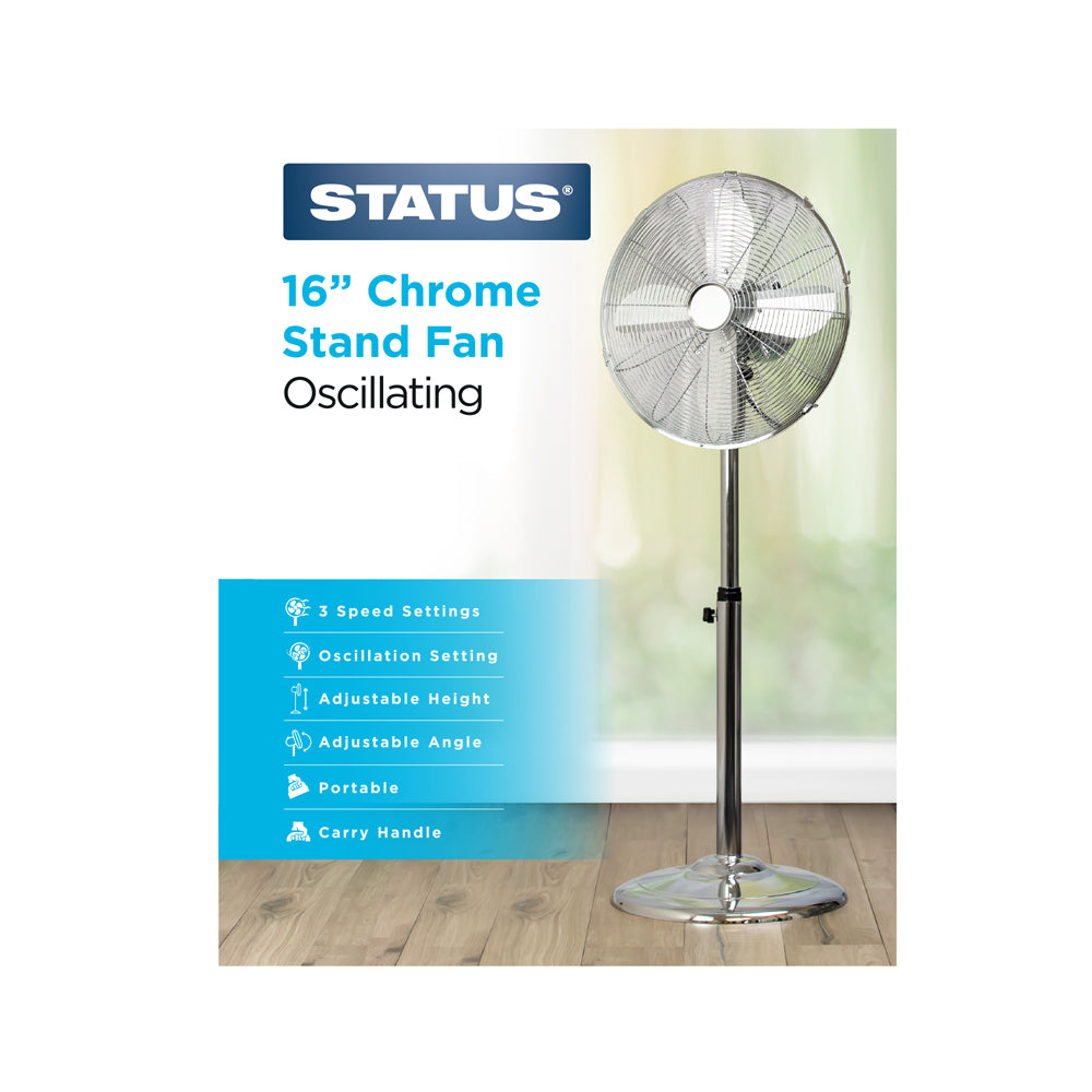 16" Chrome Stand Fan - Oscillating - 3 Speed Settings - 1 pk - in Glossy Retail Box