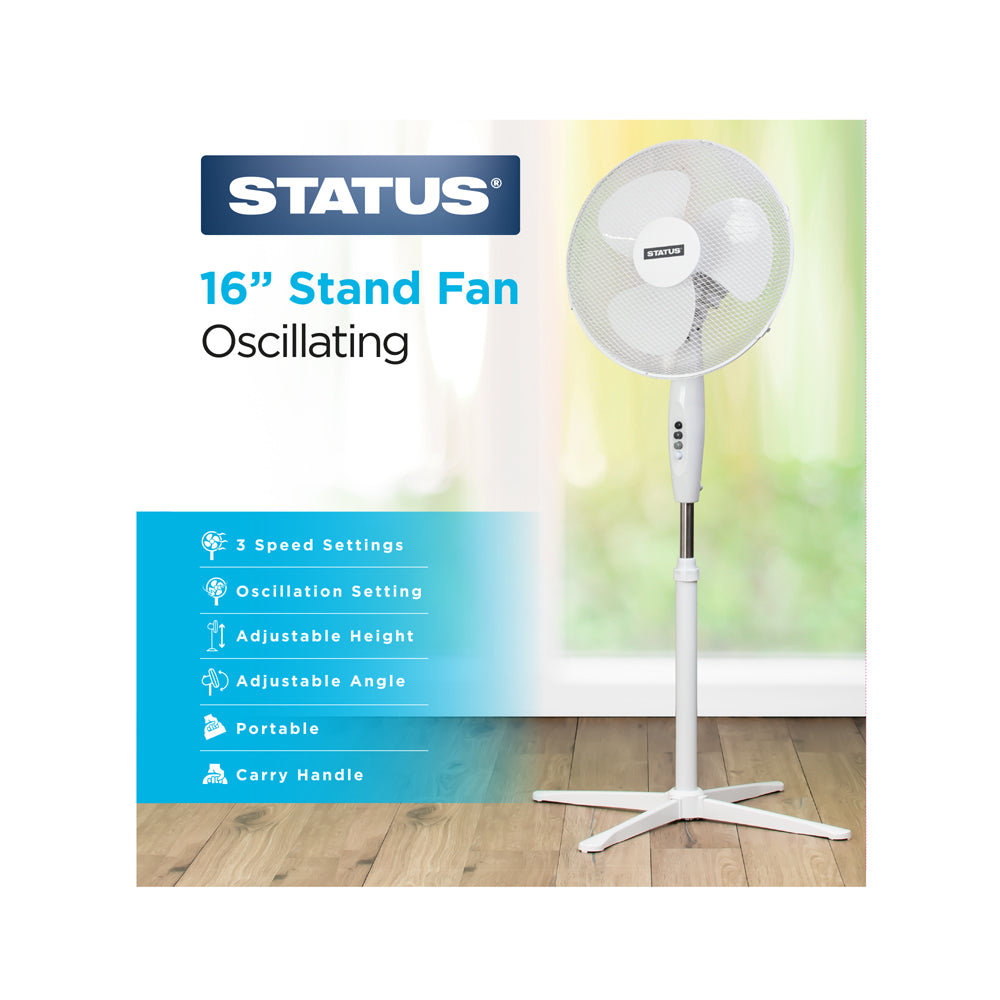 16" White Stand Fan - Oscillating - 3 Speed Settings - 1 pk - in Glossy Retail Box