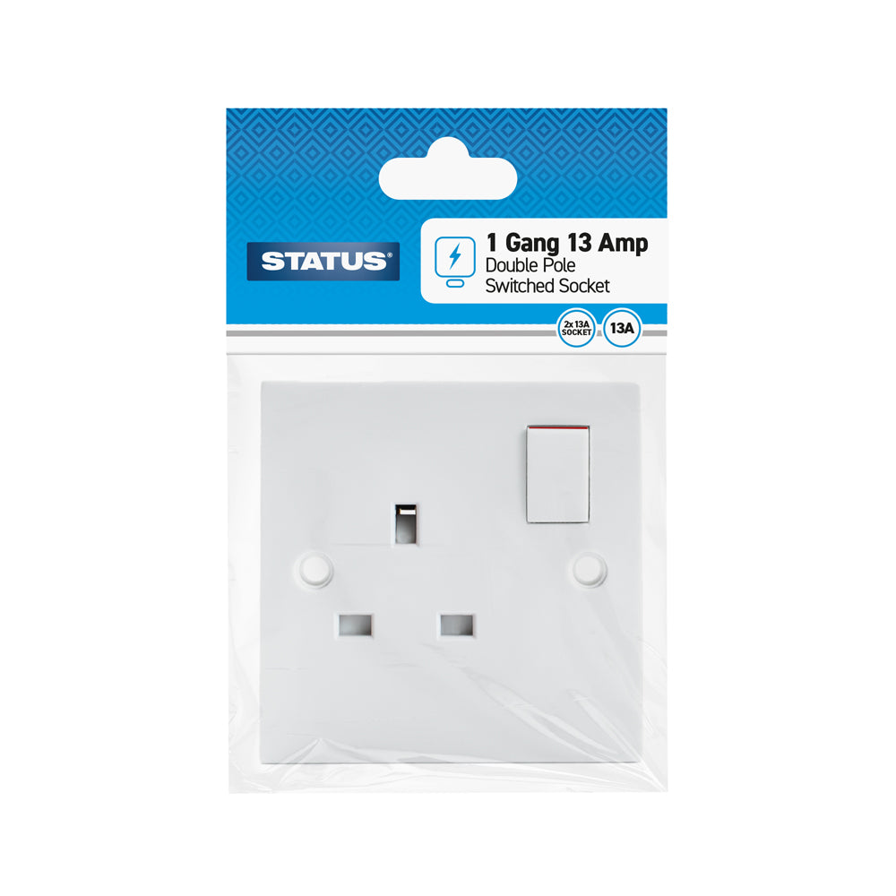 1 gang - 13 amp - Double Pole Wall Socket - Switched - White - 1 pk - in Poly Bag / Header Card