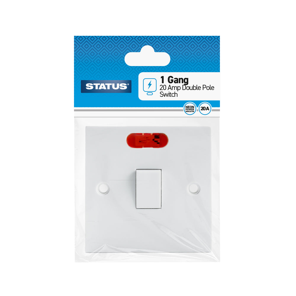 1 gang - 20 amp - Double Pole Switch - White - 1 pk - in Poly Bag / Euro Slot