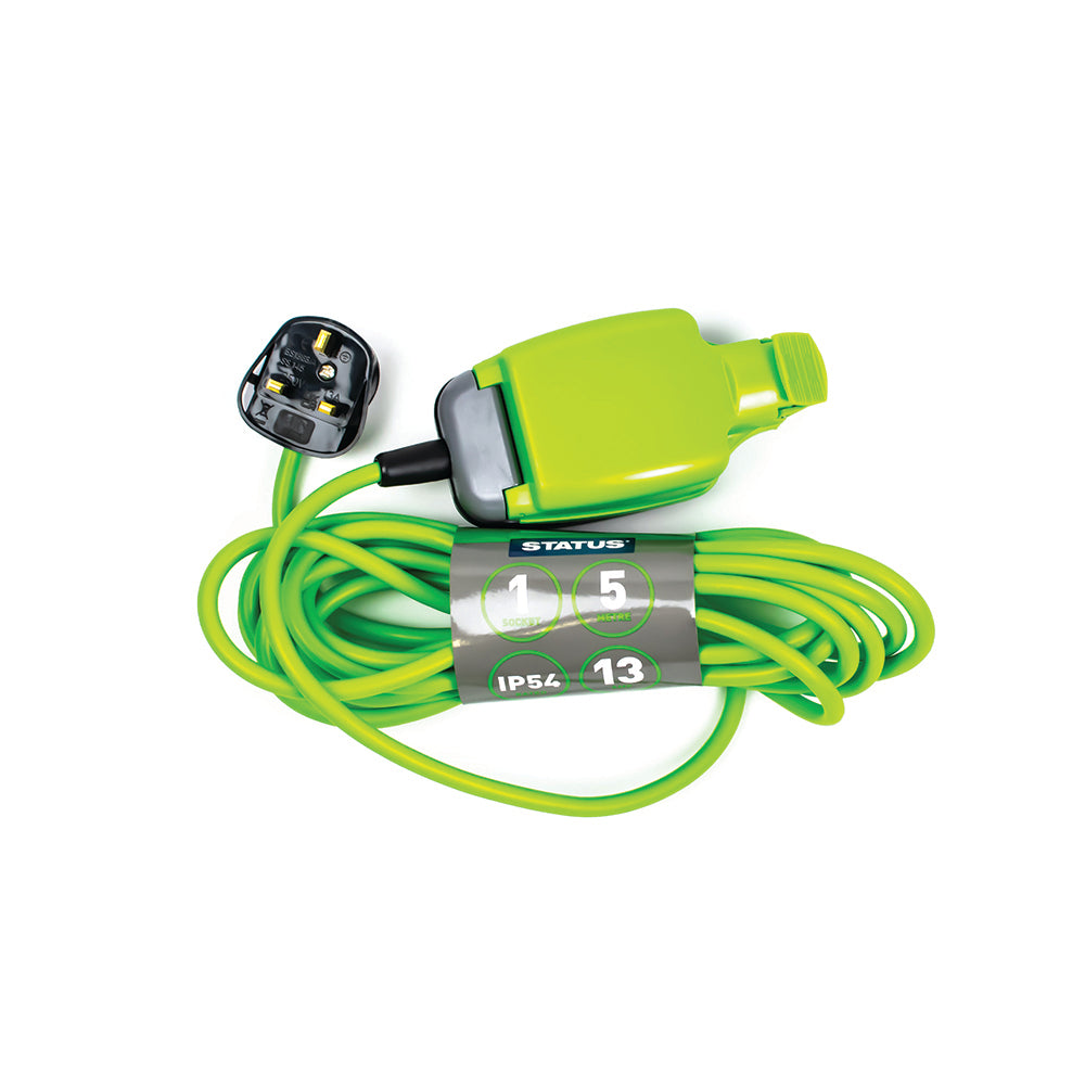 1 way - 5 Mtr - Extension Socket - IP54 - Green Cable - Black Plug - 1 Pk Wrap Card -