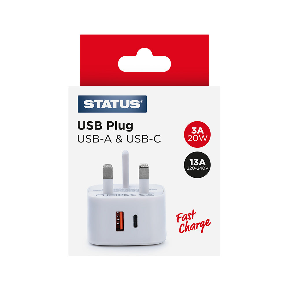 1 x Twin USB A & C Fast Charging Port Power Adaptor - White Plug - 20W - 1 pk - in a Colour Box