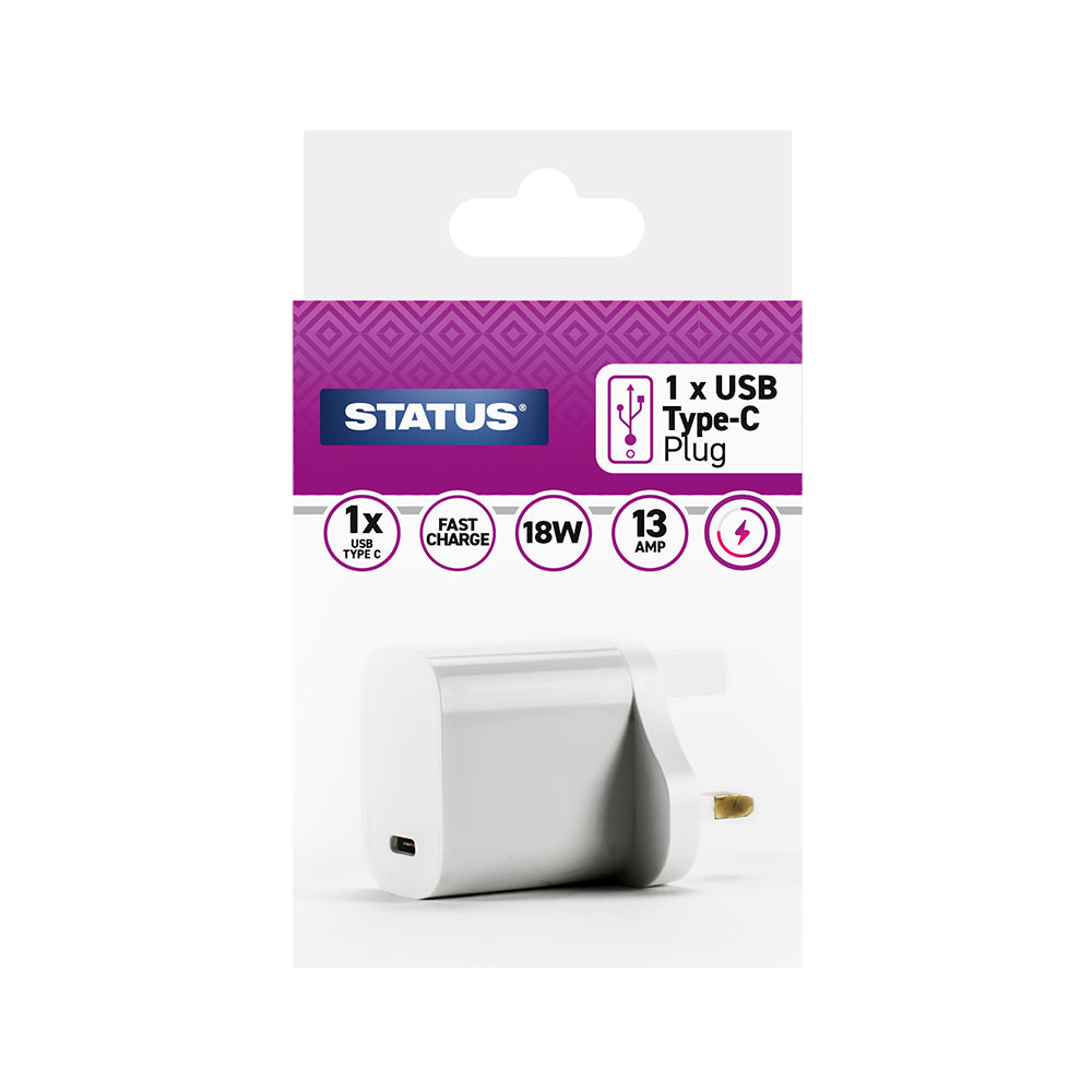 1 x USB C Charging Port - "Fast Charge" - Power Deilvery (PD) Adaptor - White Plug - 3 mA - 18w - 1 pk - Colour Box