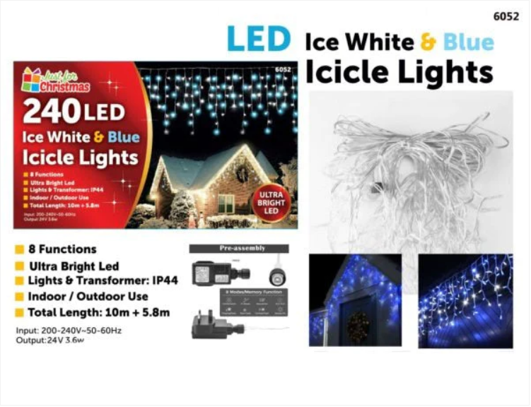 240LED Ice White and Blue Icicle Lights