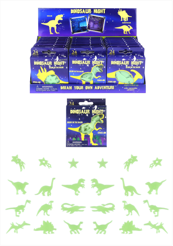 24 Pack Assorted Dinosaur Glow In The Dark Bedroom Stickers 6.5cm