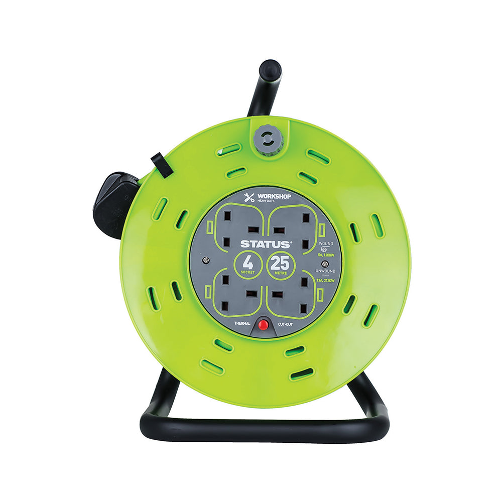 25 Mtr - 13 amp - "M Frame" - 4 Socket Outlet with Thermal Cut Out - Green - Cable Reel - 1 pk