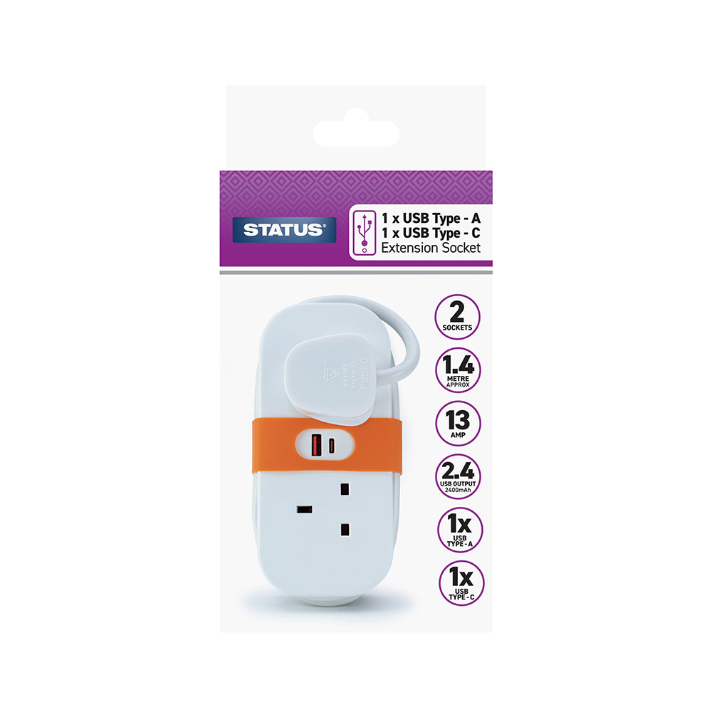 2 Way 1.4 Metre - Travel Socket with 2 x USB Ports - 1 pk - Glossy Retail Box