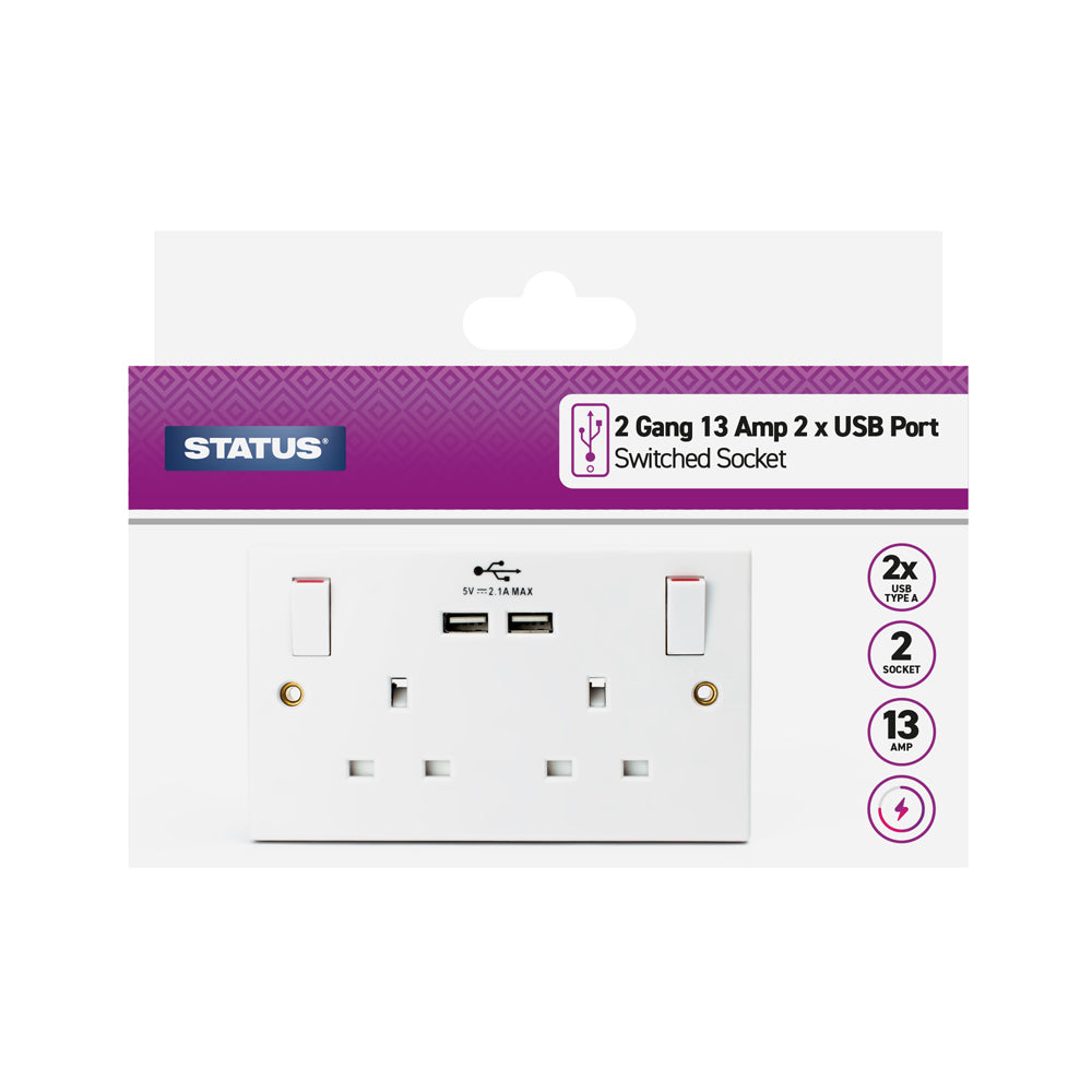 2 gang - 13 amp - 2 x USB Charging Port - Wall Socket - White - 1 pk Box