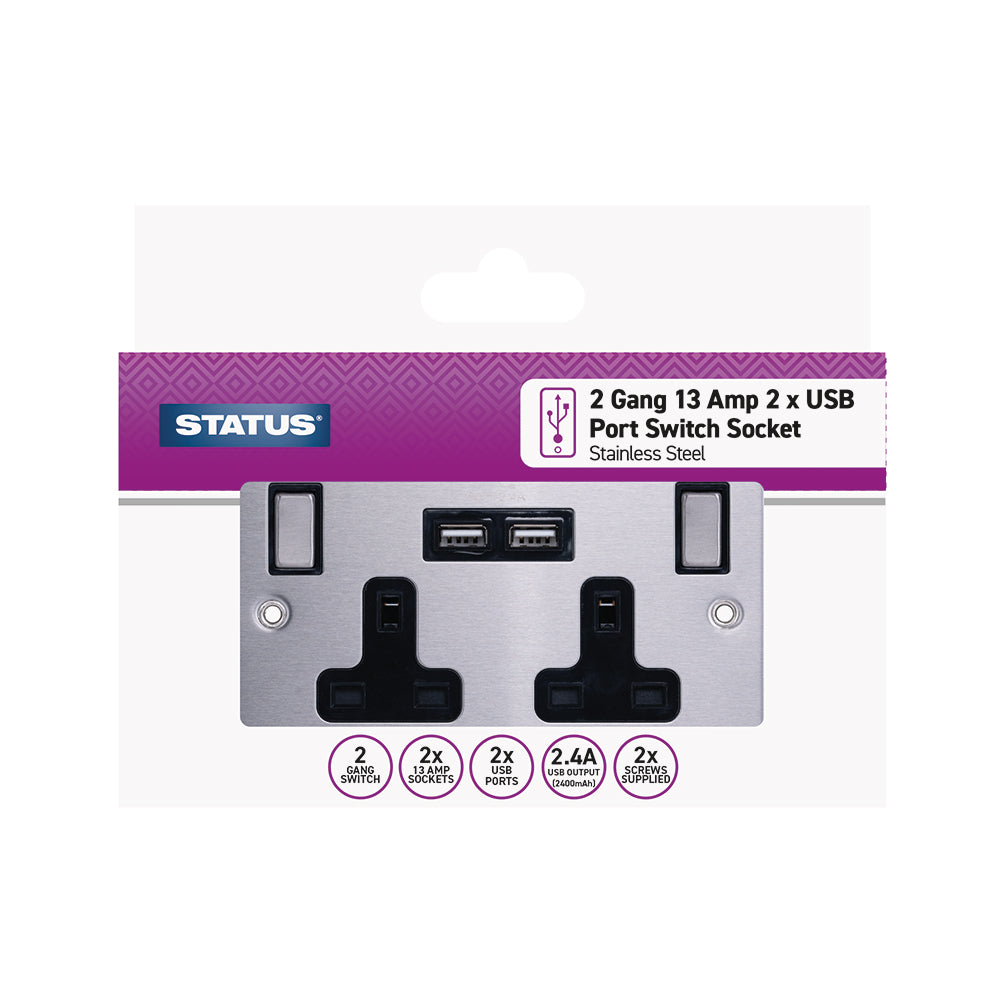 2 gang - 13 amp -Stainless Steel Screw Through - Wall Socket - 2 USB's - Switched - 1 pk - in a Clam Shell