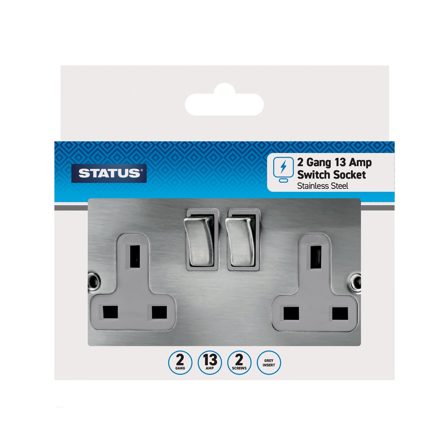 2 gang - 13 amp - Stainless Steel Screw Through - Wall Socket - Switched - 1 pk - Box