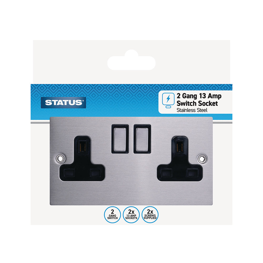 2 gang - 13 amp - Stainless Steel Screw Through - Wall Socket - Switched - 1 pk - in a colour box