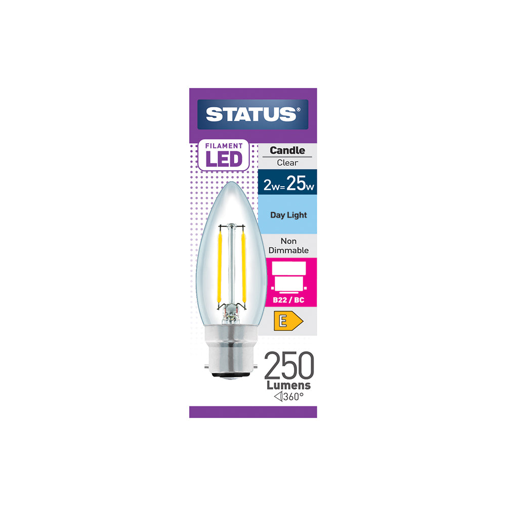 2w = 25w = 270 lumens - Filament LED - Candle - BC - Clear - Day Light - 1 pk box - in White CDU