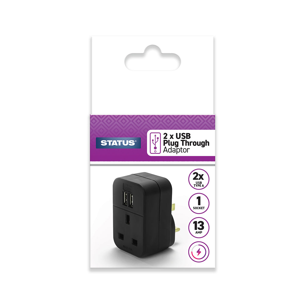 2 x USB Charging Port Power Adaptor - Black - Plug Through - 2400mA - 1 pk - in a Box