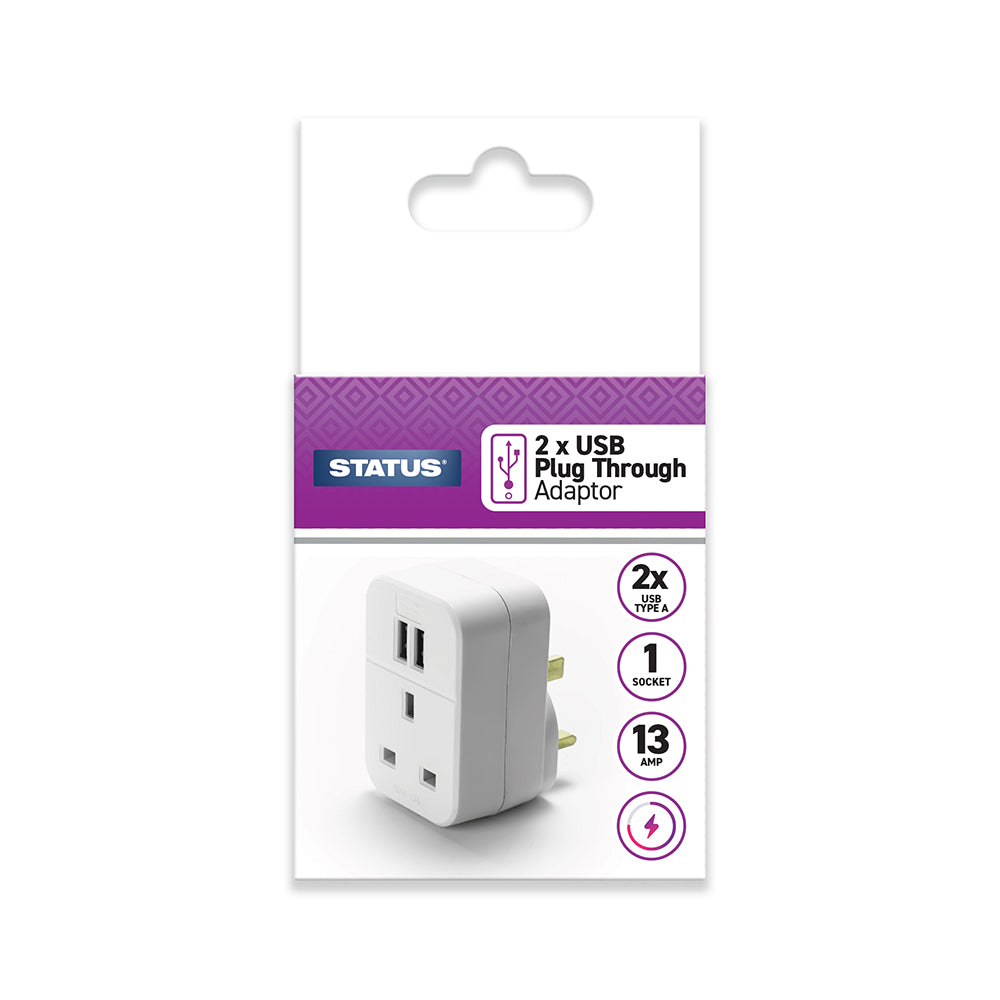 2 x USB Charging Port Power Adaptor - White - Plug Through - 2100mA - 1 pk - in a Box