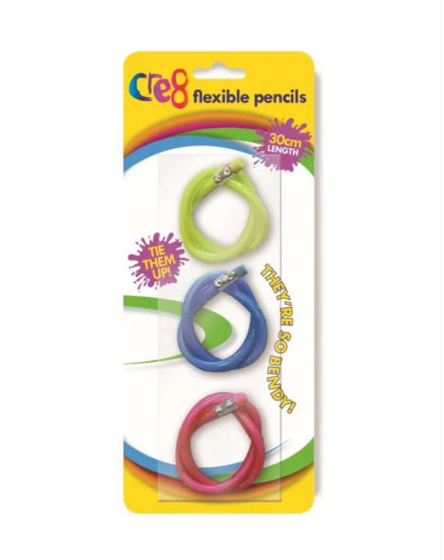 3 Pack Assorted Colour Cool Flexible Bendy Twisty Pencils 30cm With Eraser