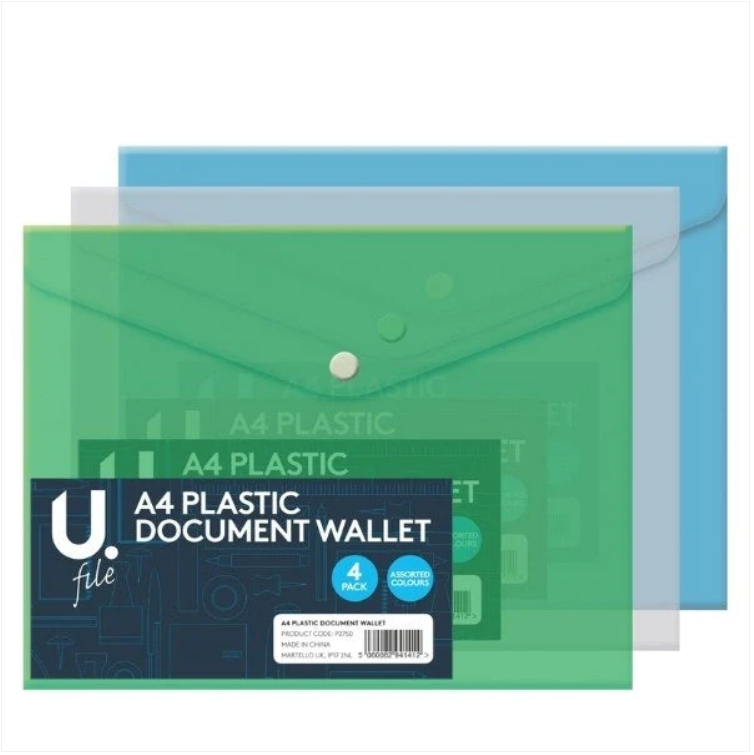 3 Pack Plastic Wallet Document Assorted Colour School College Paper Wallets A4