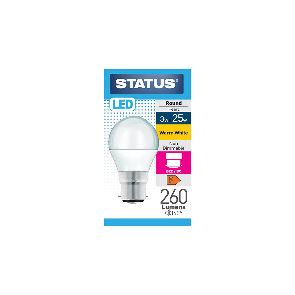 3w = 25w = 260 lumens - LED - Round - B22 - PA - Pearl - Warm White - 1 pk box - in White CDU