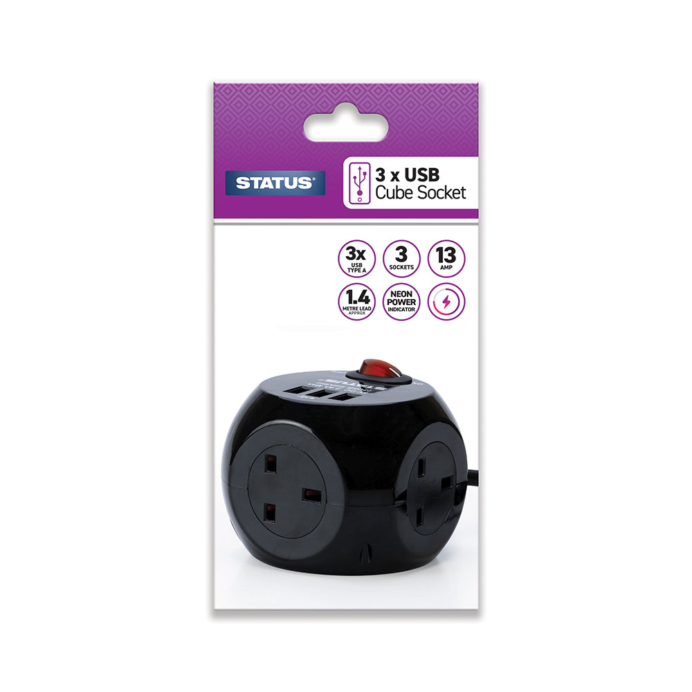 3 way - 1.4 Mtr - Cube Extension Socket - Black - 3 x USB Charging Port - Plug - 1 pk - in Glossy Retail Box