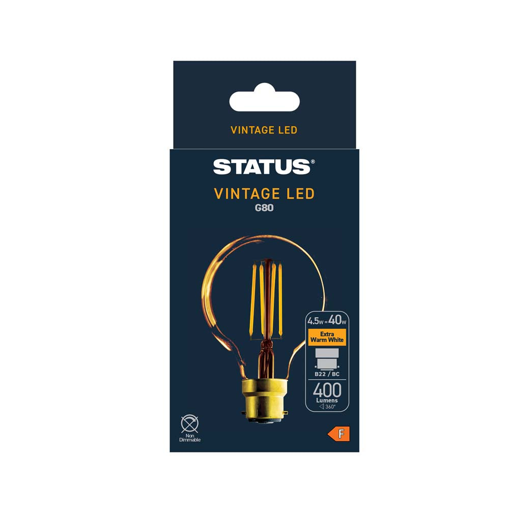 4.5w = 380 lumens - Antique - G80 Globe - BC - Golden - LED Filament - 1 pk box - in White CDU