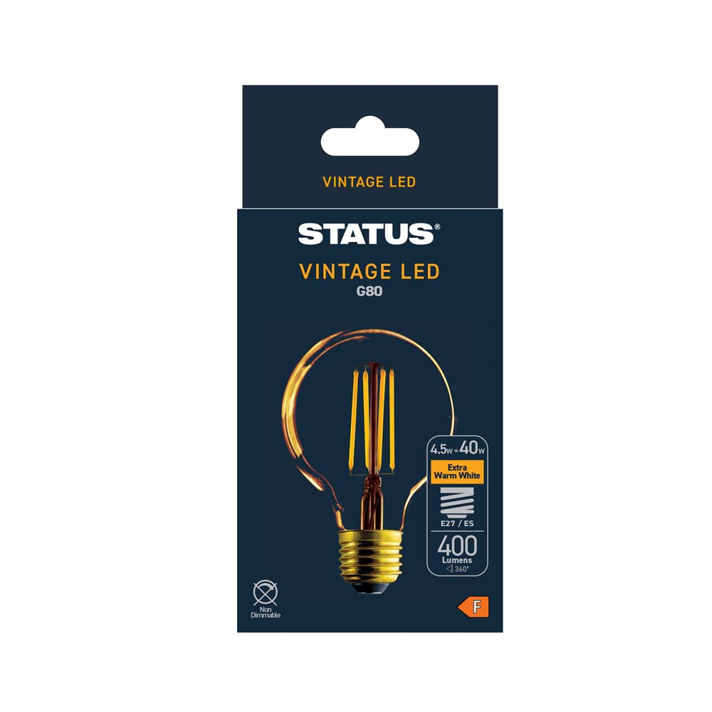 4.5w = 380 lumens - Antique - G80 Globe - ES - Golden - LED Filament - 1 pk box - in White CDU
