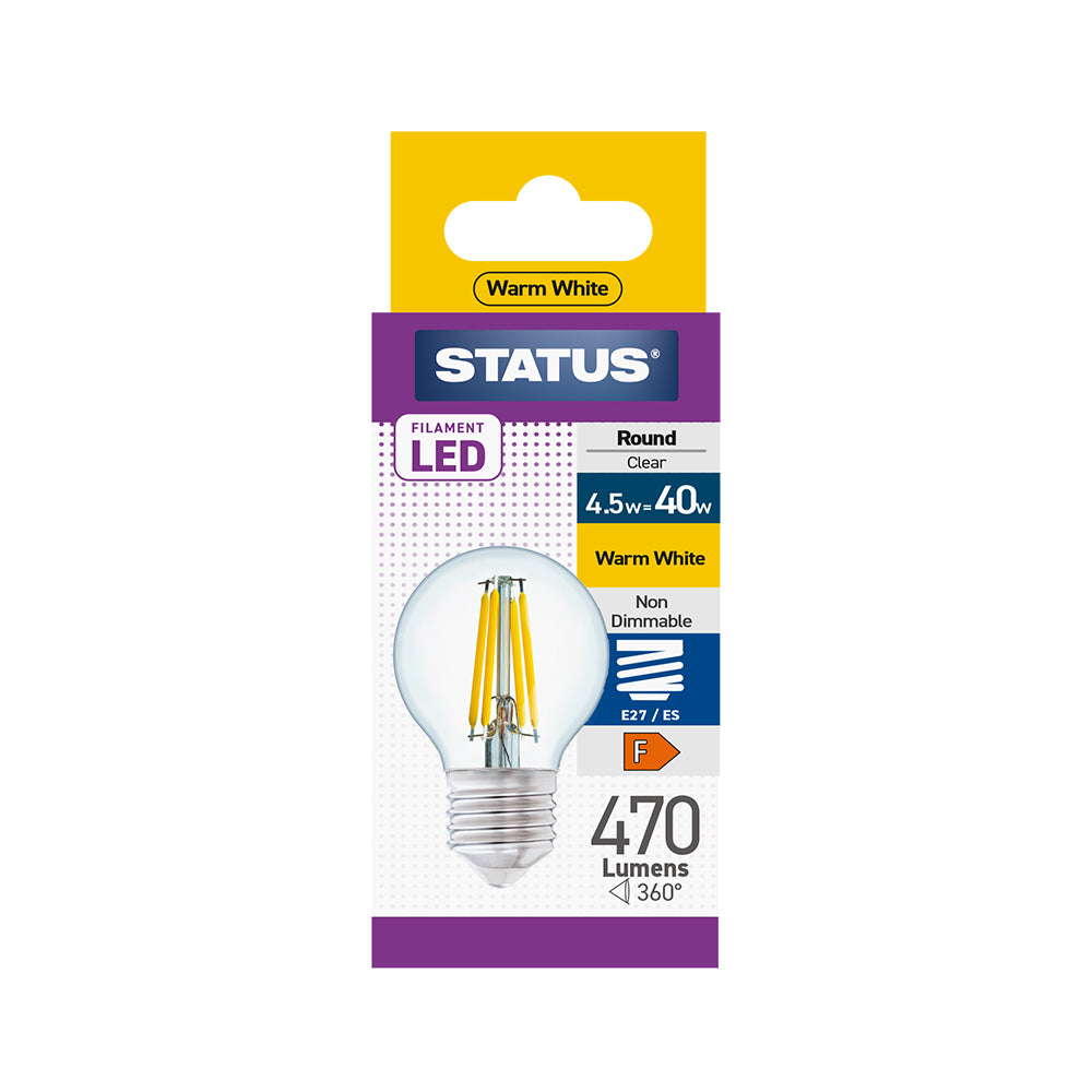 4.5w = 40w = 470 lumens - Filament LED - Round - ES - Clear - Warm White - 1 pk box - in White CDU