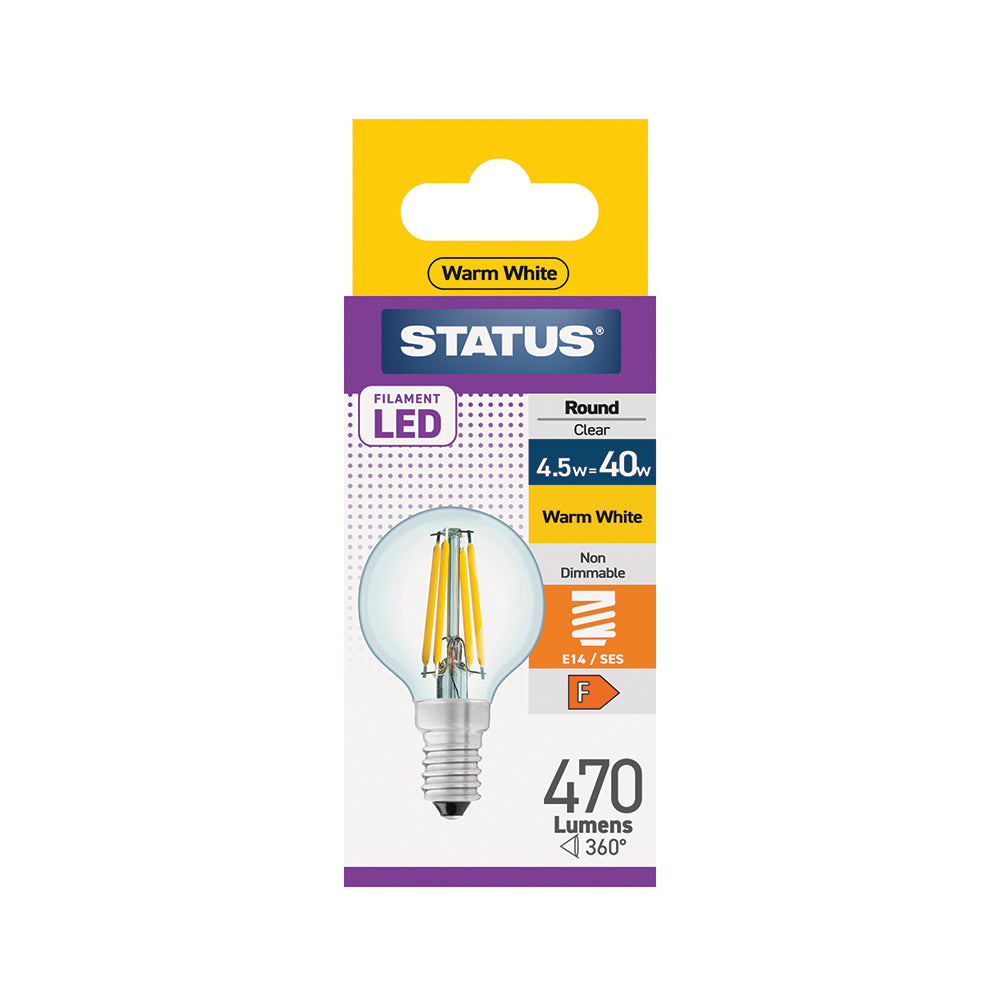 4.5w = 40w = 470 lumens - Filament LED - Round - SES - Clear - Warm White - 1 pk box - in White CDU