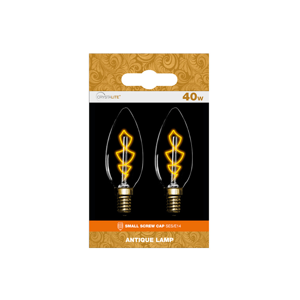 40w - Crystalite - Antique - C35 Candle - SES - Clear - Z Shape Filament - 2 pk box