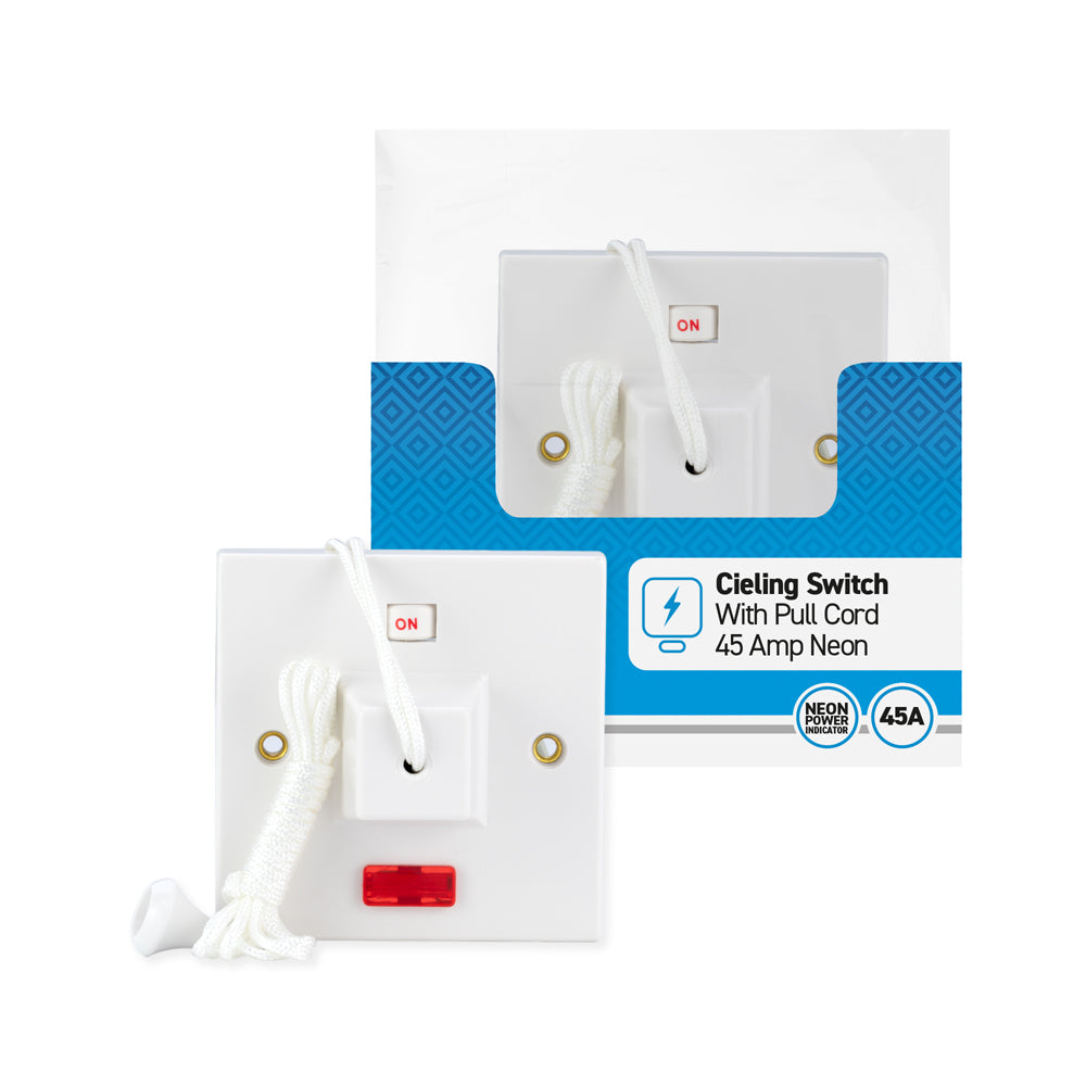 45 amp - Ceiling Switch - Pull Cord - 2 way - White - 1 pk - in Poly Bag - in Colour CDU