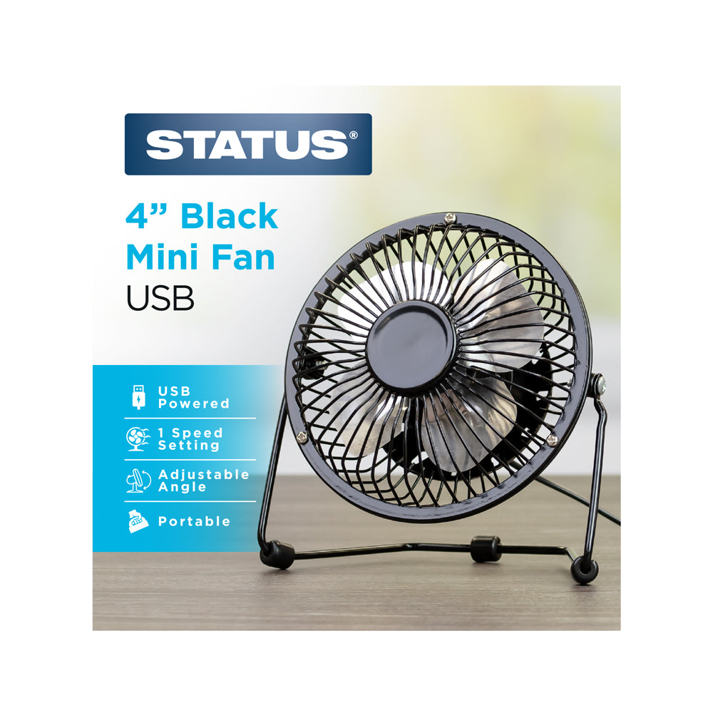 4" USB Mini Fan - Black - Metal - 1 pk - in Glossy Retail Box