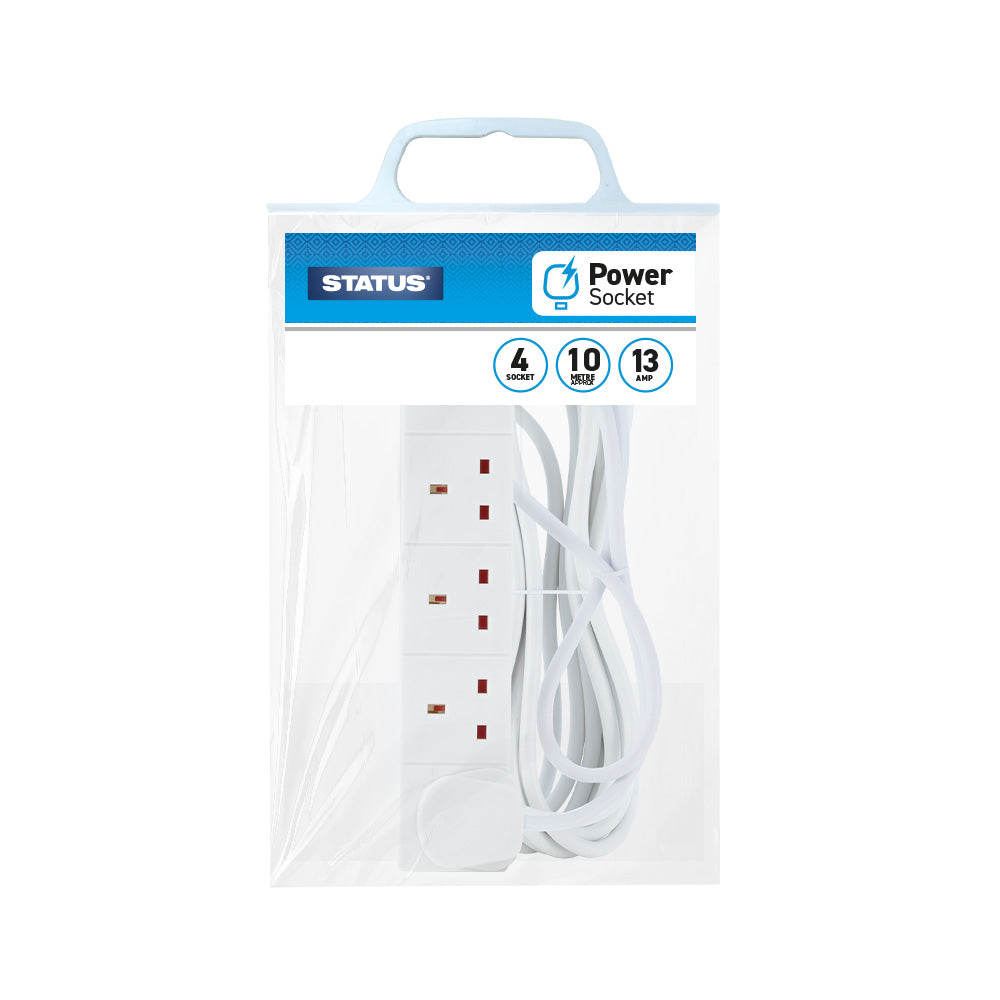 4 Way - 10 Mtr - Extension Socket - White - Plug - 1 pk - in Poly Bag with Handle