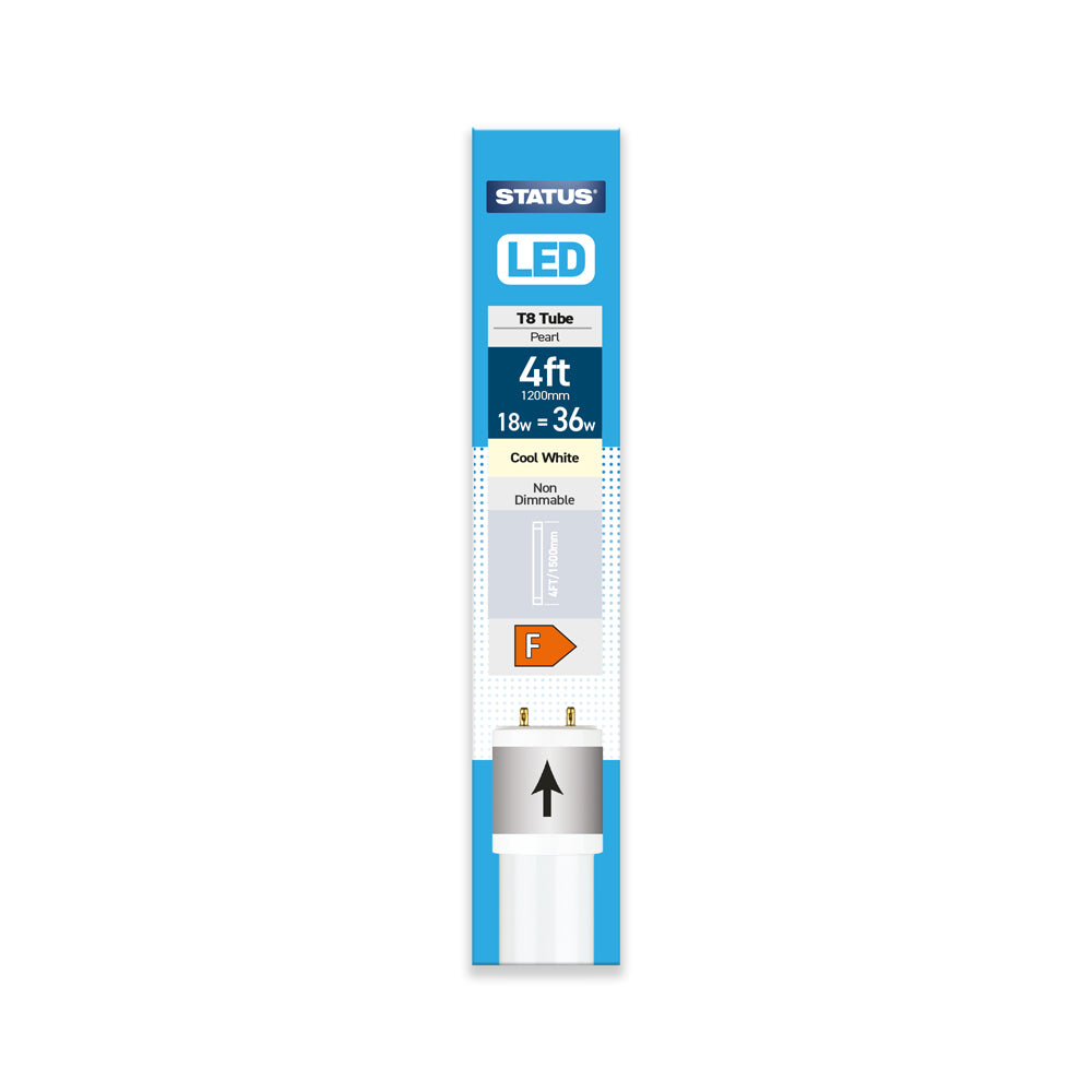4ft / 1200mm - 18w = 1850 lumens - LED - T8 Tube - Pearl - Cool White - 1 pk box