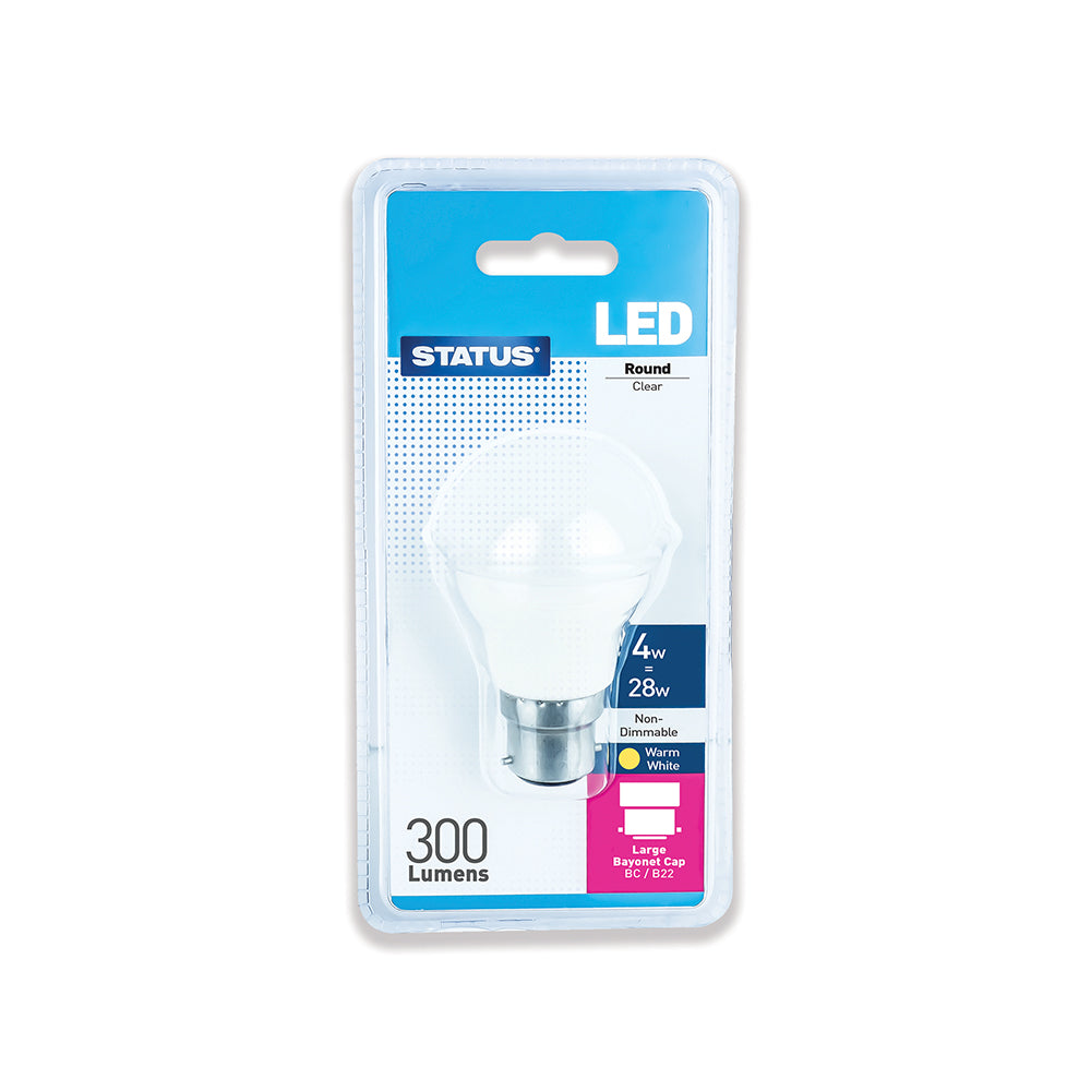 4w = 28w = 300 lumens - LED - Round - BC - PA - Clear - Warm White - 1 pk - in a Clam Shell - in White CDU