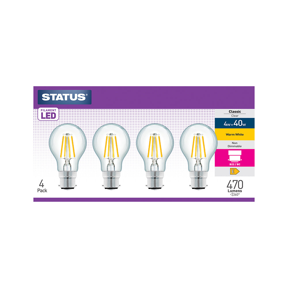 4w = 40w = 470 lumens - Filament LED - A60 GLS - BC - Clear - Warm White - 4 pk box - in Brown Box