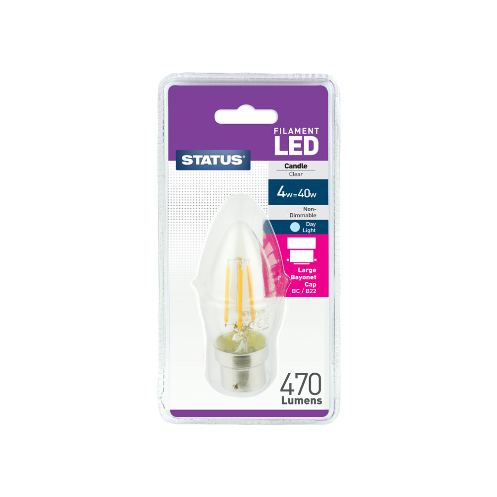 4w = 40w = 470 lumens - Filament LED - Candle - BC - Clear - Day Light - 1 pk - in a Clam Shell
