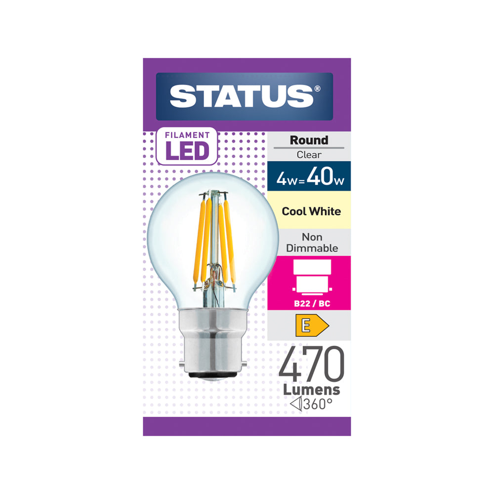 4w = 40w = 470 lumens - Filament LED - Round - BC - Clear - Cool White Light - 1 pk box - in White CDU