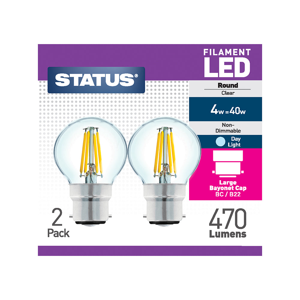 4w = 40w = 470 lumens - Filament LED - Round - BC - Clear - Day Light - 2 pk - in a Trapped Blister