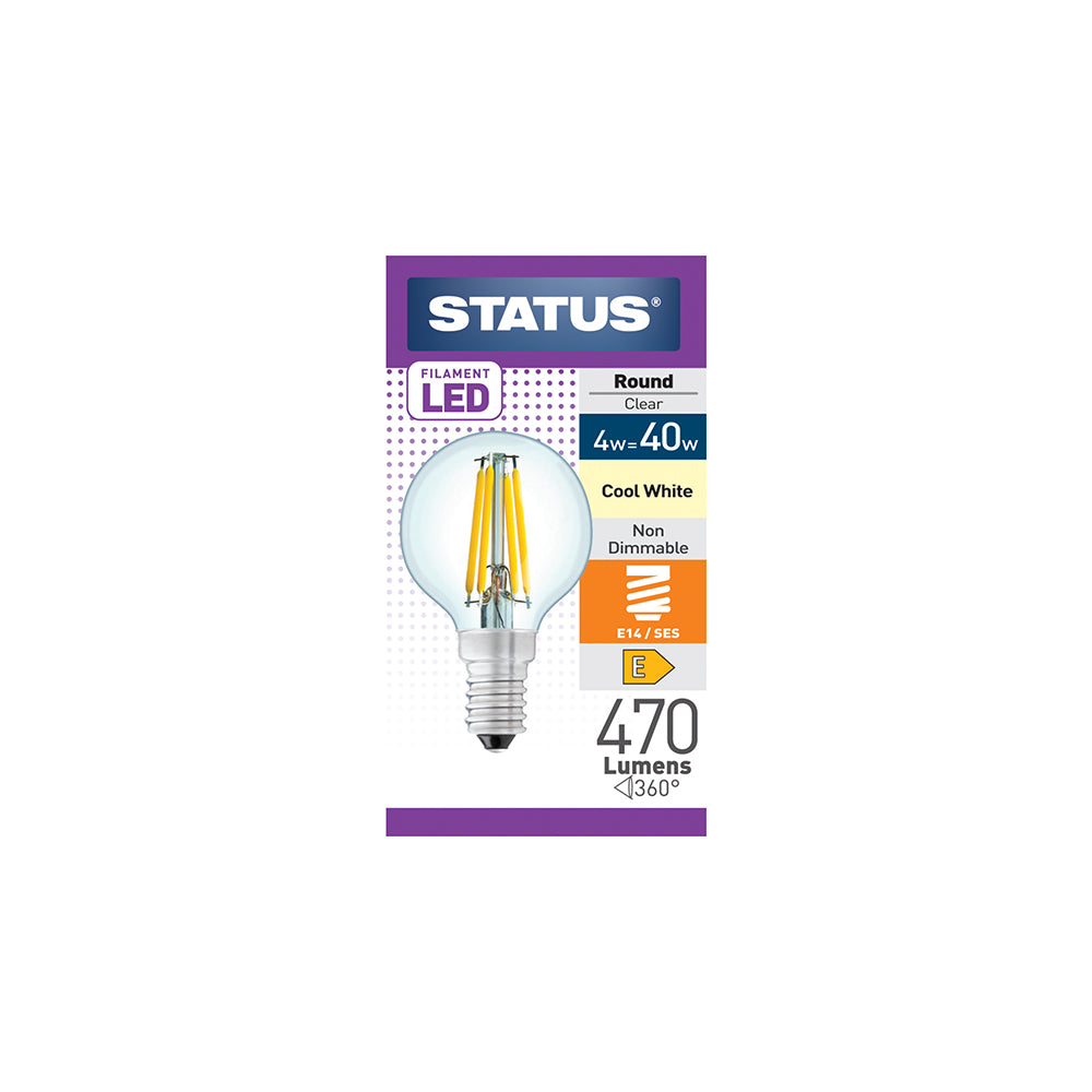 4w = 40w = 470 lumens - Filament LED - Round - SES- Clear - Cool White - 1 pk box - in White CDU