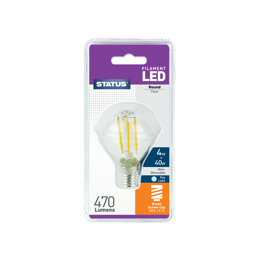 4w = 40w = 470 lumens - Filament LED - Round - SES - Clear - Day Light - 1 pk - in a Clam Shell